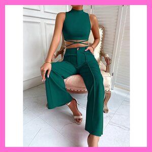 Women's 2 Piece Set Outfit Wide Leg Pants Mock Neck Criss Cross Crop Top Green